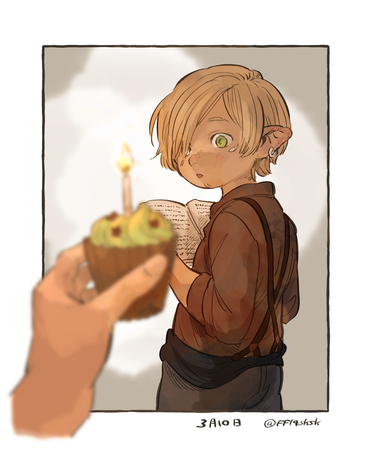 warrior of light (ff14), final fantasy, final fantasy xiv, commentary request, highres, 1boy, 1other, ano amesuke, blonde hair, blurry, blurry foreground, book, brown shirt, candle, cupcake, earrings, facial hair, facial mark, food, freckles, goatee, green eyes, hair over one eye, holding, holding book, jewelry, lalafell, male focus, pointy ears, shirt, suspenders, twitter username