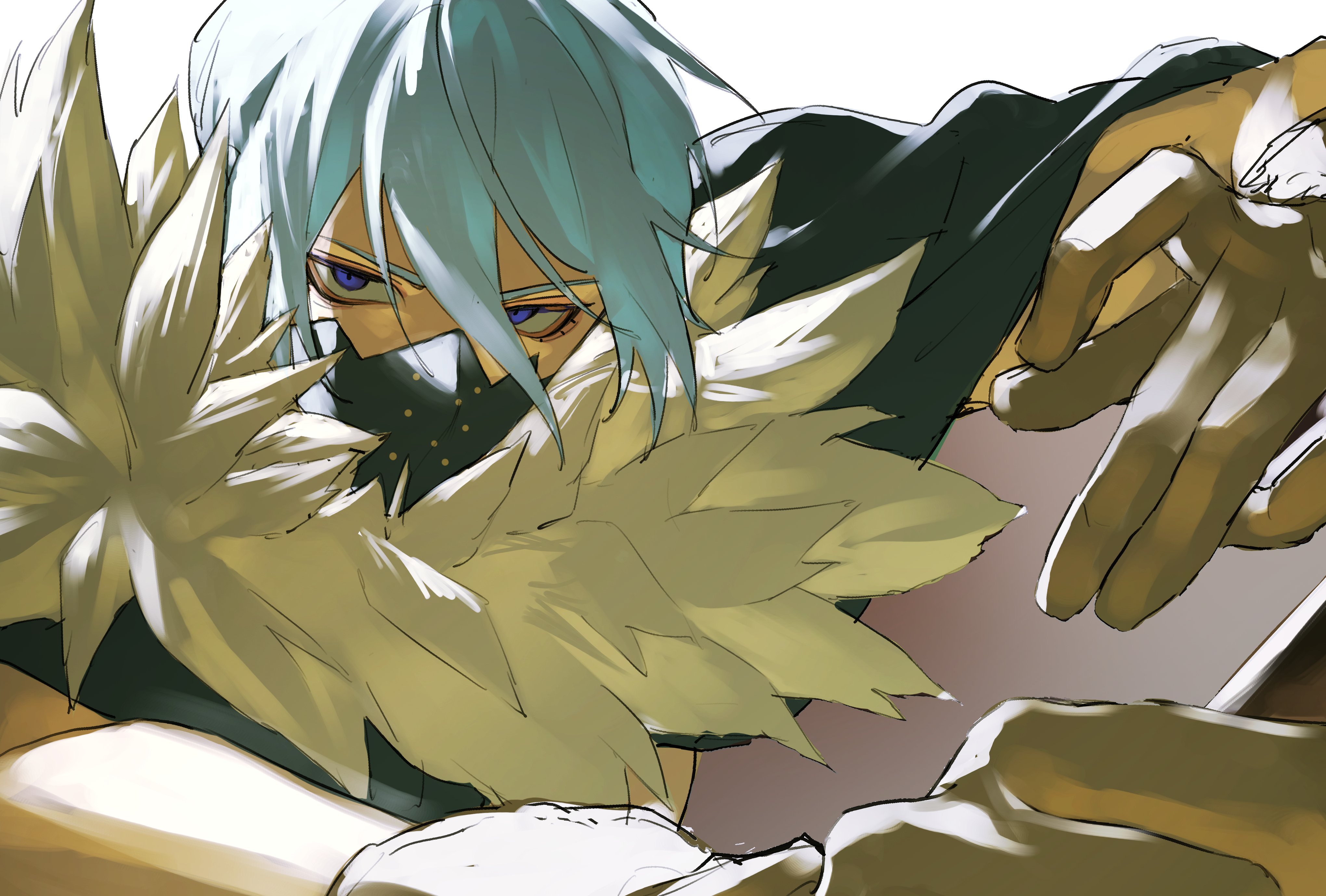 333takoyaki, hyoga (dr. stone), dr. stone, absurdres, commentary request, highres, 1boy, black mask, blue eyes, blue hair, brown gloves, fur collar, gloves, hair between eyes, looking at viewer, lower eyelashes only, male focus, mask, mouth mask, simple background, solo, upper body