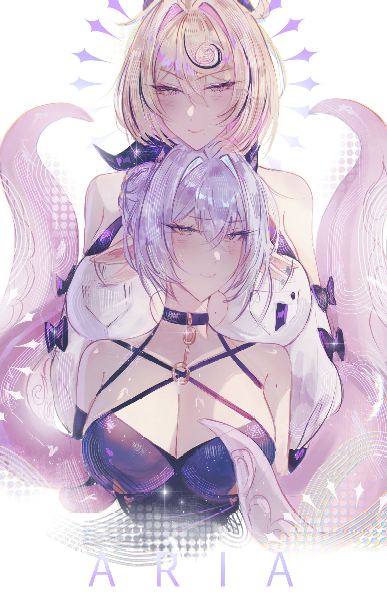 a r i a, lucia elowen, yidhari murphy, zenless zone zero, commentary, highres, 2girls, accessories, afterimage, animal ears, artist name, bare shoulders, black bow, black bra, black hat, black horns, black sleeves, blonde hair, blue hair, blush, bow, bra, breasts, chin rest, choker, cleavage, closed mouth, dotted background, ear wiggle, earrings, goat ears, goat girl, goat horns, hair between eyes, hair intakes, hat, head on head, head rest, horizontal pupils, horns, jewelry, key, key choker, large breasts, looking at viewer, mole, mole on arm, mole on breast, mole under mouth, monster girl, multiple girls, pointy ears, purple eyes, scylla, shirt, short hair, single sleeve, smile, sparkle, sweat, tentacle girl, tentacle tail, tentacles, underwear, upper body, white background, white shirt, yellow eyes