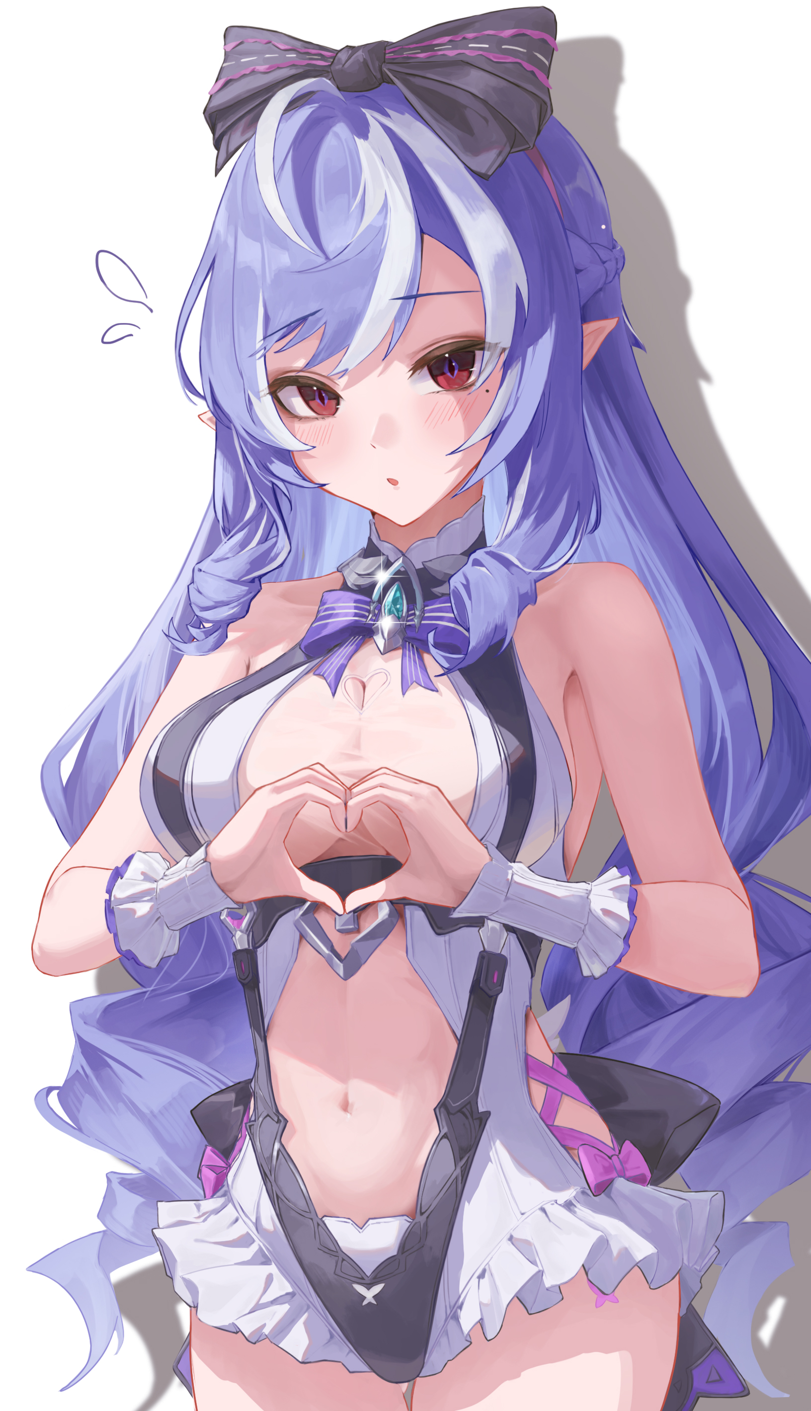 dacha00001, vivian banshee, vivian banshee (iris of the shore), zenless zone zero, absurdres, commentary, highres, 1girl, bare shoulders, bow, braid, breasts, casual one-piece swimsuit, clothing cutout, cowboy shot, hair bow, half up braid, heart, heart cutout, heart hands, large breasts, long hair, looking at viewer, mole, mole under eye, multicolored hair, navel, official alternate costume, one-piece swimsuit, parted lips, pointy ears, purple bow, purple hair, see-through cleavage, see-through clothes, sidelocks, simple background, solo, stomach, stomach cutout, streaked hair, swimsuit, very long hair, white background, white one-piece swimsuit