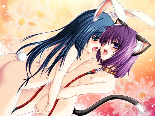 bunny girl, 2girls, animal ears, blue hair, cat ears, green eyes, hand grab, leash, long hair, multiple girls, nude, purple eyes, purple hair, short hair, yuri