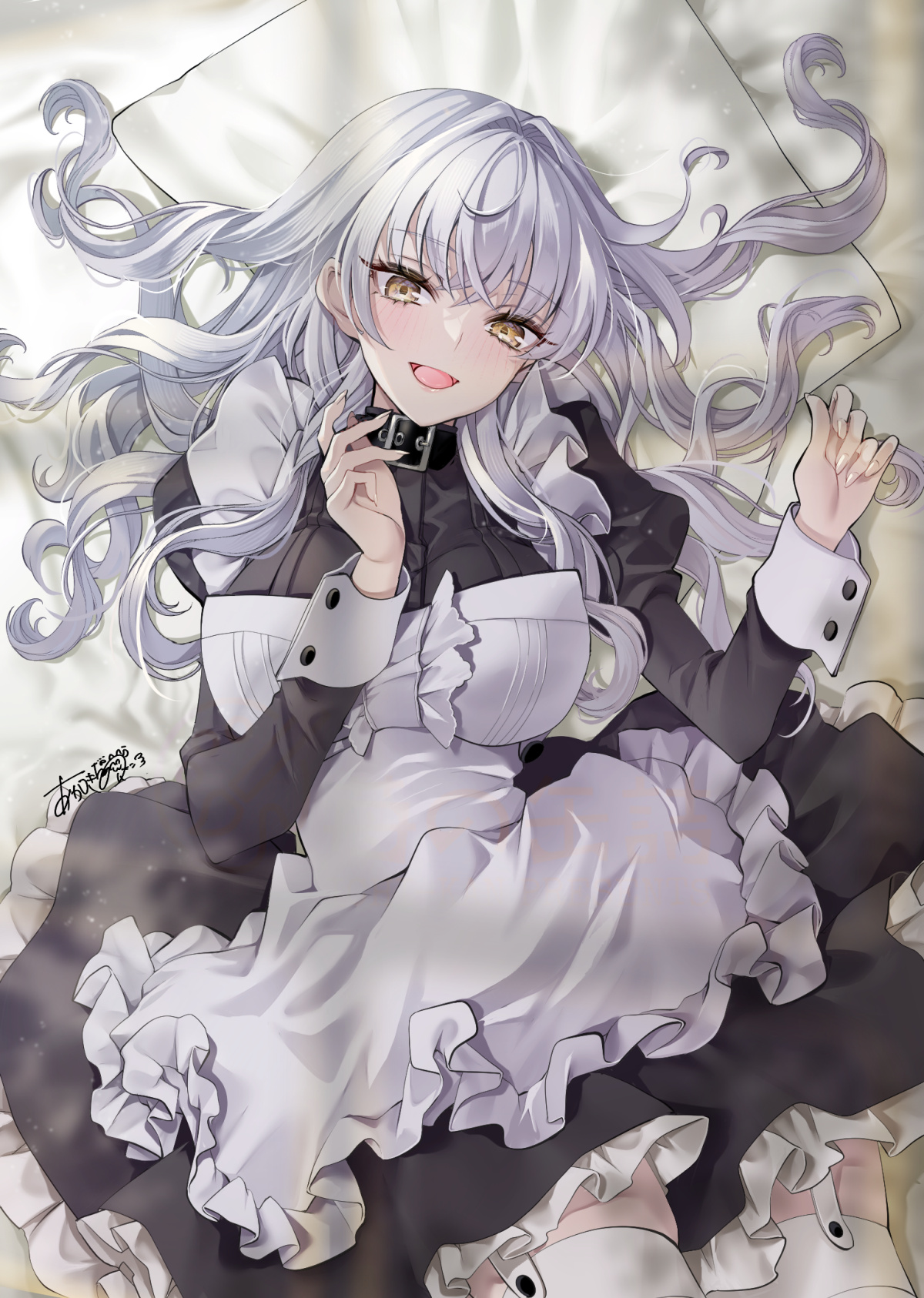 akatsuki hijiri, copyright request, highres, source request, 1girl, apron, black dress, breasts, collar, dress, happy, large breasts, long hair, looking at viewer, lying, maid, maid apron, maid headdress, open mouth, solo, thighhighs, white hair, white thighhighs, yellow eyes