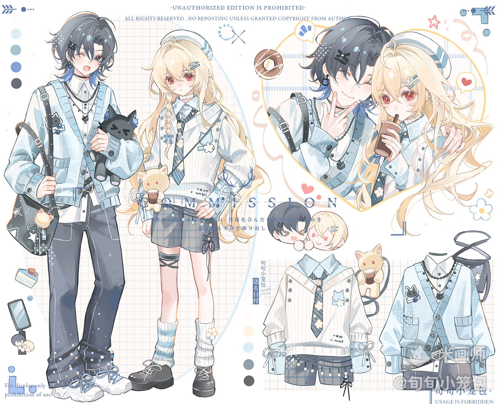 original, commission, highres, 1boy, 1girl, ;d, ^ ^, bag, black hair, black pants, black shorts, blonde hair, blue cardigan, blue eyes, blue necktie, brown shoes, cardigan, closed eyes, closed mouth, collared shirt, cup, disposable cup, double-parted bangs, full body, hair between eyes, hair ornament, hairclip, holding, holding cup, jewelry, long hair, long sleeves, mihuashi username, multiple views, necklace, necktie, one eye closed, open mouth, pants, parallel hairclips, parted bangs, red eyes, ribbed socks, shirt, shoes, short hair, shorts, shoulder bag, smile, sneakers, socks, standing, striped necktie, white shirt, white shoes, white socks, xun xun xiaolongbao