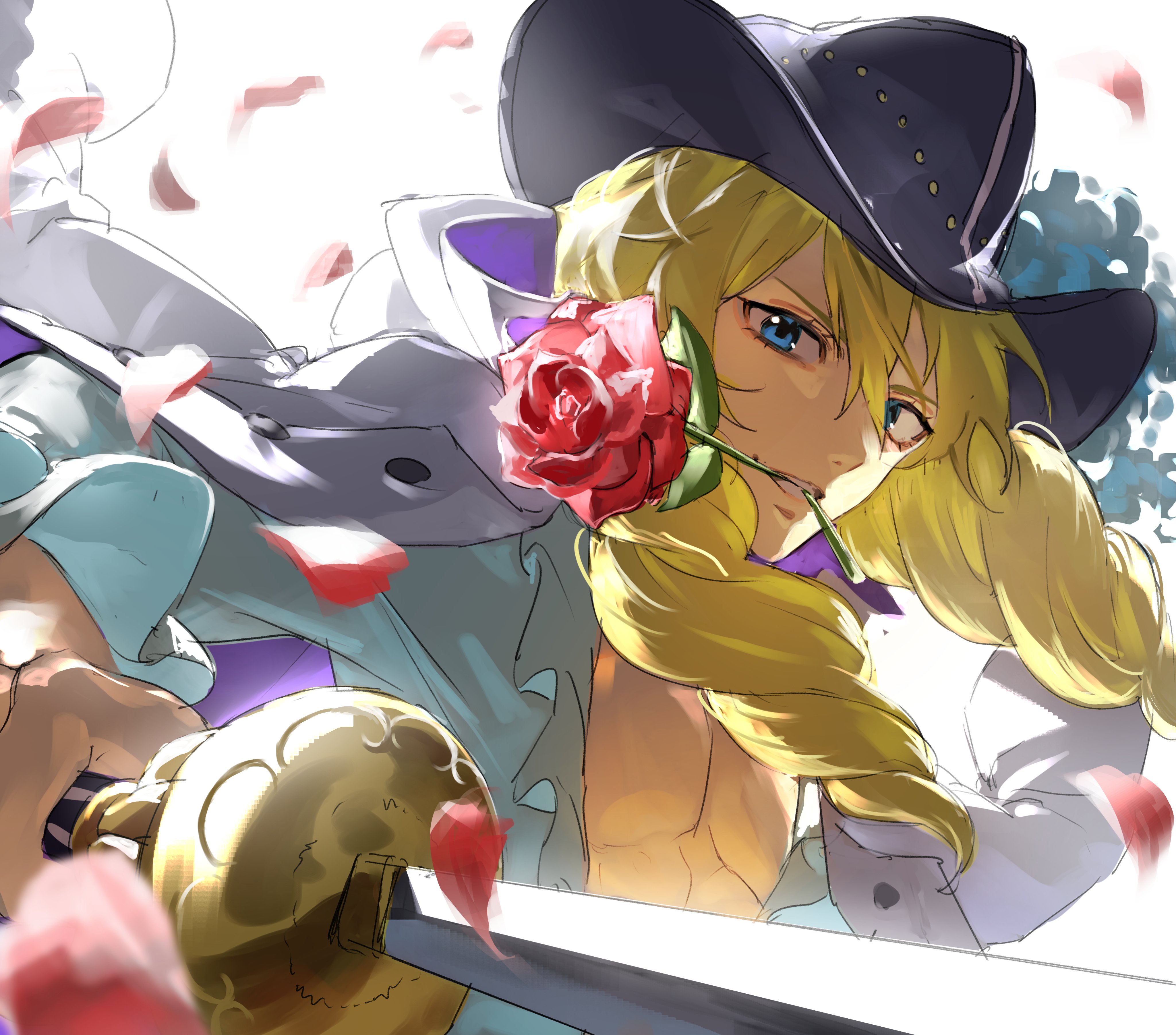 333takoyaki, cavendish (one piece), one piece, absurdres, commentary request, highres, 1boy, black hat, blonde hair, blue eyes, drill hair, flower, flower in mouth, hair between eyes, hat, holding, holding weapon, long hair, looking at viewer, male focus, mouth hold, petals, rapier, red flower, red rose, rose, shirt, solo, sword, teeth hold, upper body, weapon