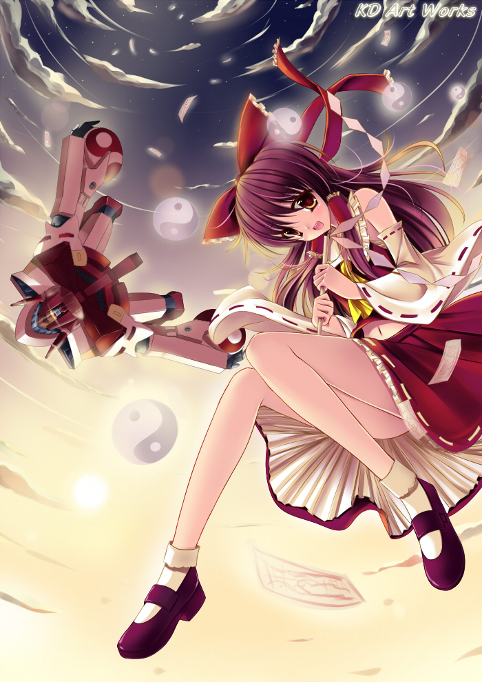 caidychen, hakurei reimu, touhou, bad id, bad pixiv id, 1girl, bobby socks, bow, brown eyes, brown hair, detached sleeves, female focus, flying, gohei, hair bow, japanese clothes, legs, looking at viewer, mary janes, mecha, midriff, miko, navel, open mouth, robot, shoes, short hair, sky, smile, socks, solo, yin yang
