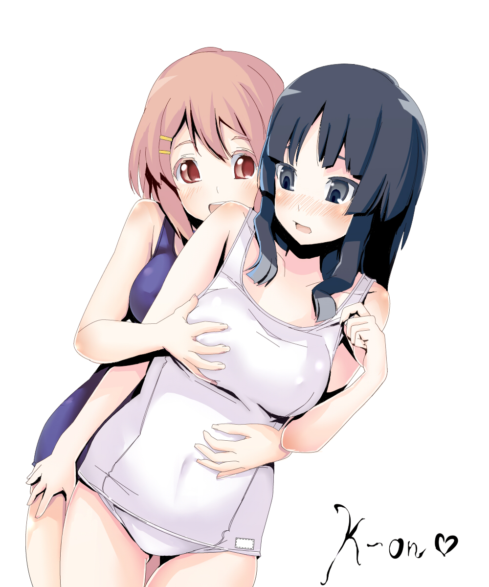 dateya torahachi, akiyama mio, hirasawa yui, k-on!, highres, 00s, 2girls, black eyes, black hair, blunt bangs, blush, breasts, brown eyes, brown hair, grabbing another's breast, groping, hime cut, large breasts, long hair, multiple girls, one-piece swimsuit, school swimsuit, smile, swimsuit, white one-piece swimsuit, white school swimsuit