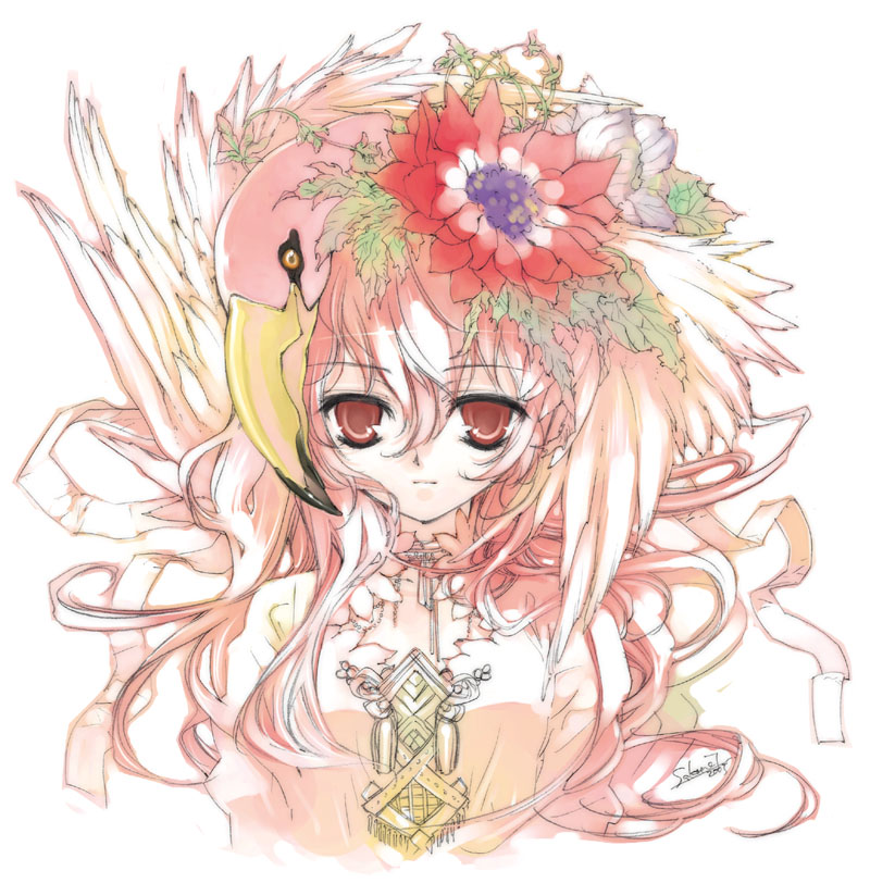 toujou sakana, original, 1girl, animal, animal on head, bird, bird on head, female focus, flamingo, flower, on head, pink eyes, pink hair, red eyes, solo