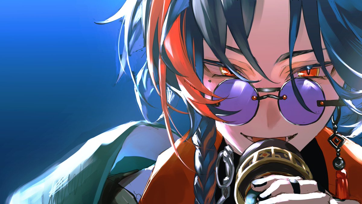 333takoyaki, kaisei (nijisanji), nijisanji, commentary request, 1boy, black hair, blue background, blue hair, braid, earrings, hair between eyes, holding, holding microphone, jewelry, looking at viewer, microphone, mole, mole under eye, multicolored hair, open mouth, red eyes, red hair, ring, round eyewear, side braid, simple background, solo, tassel, tinted eyewear, upper body, virtual youtuber