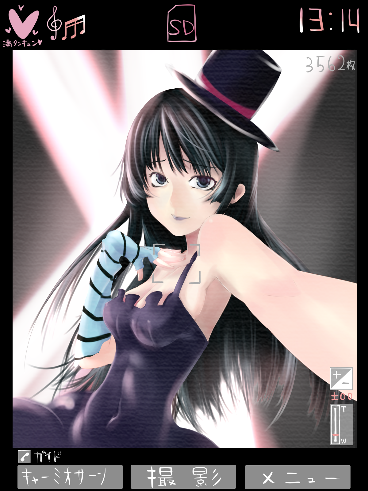 black maria, akiyama mio, don't say "lazy", k-on!, striped, bad id, bad pixiv id, highres, translation request, 00s, 1girl, black eyes, black hair, blunt bangs, breasts, cleavage, dress, elbow gloves, female focus, fingerless gloves, gloves, hat, hime cut, lipstick, long hair, makeup, mini hat, mini top hat, solo, top hat