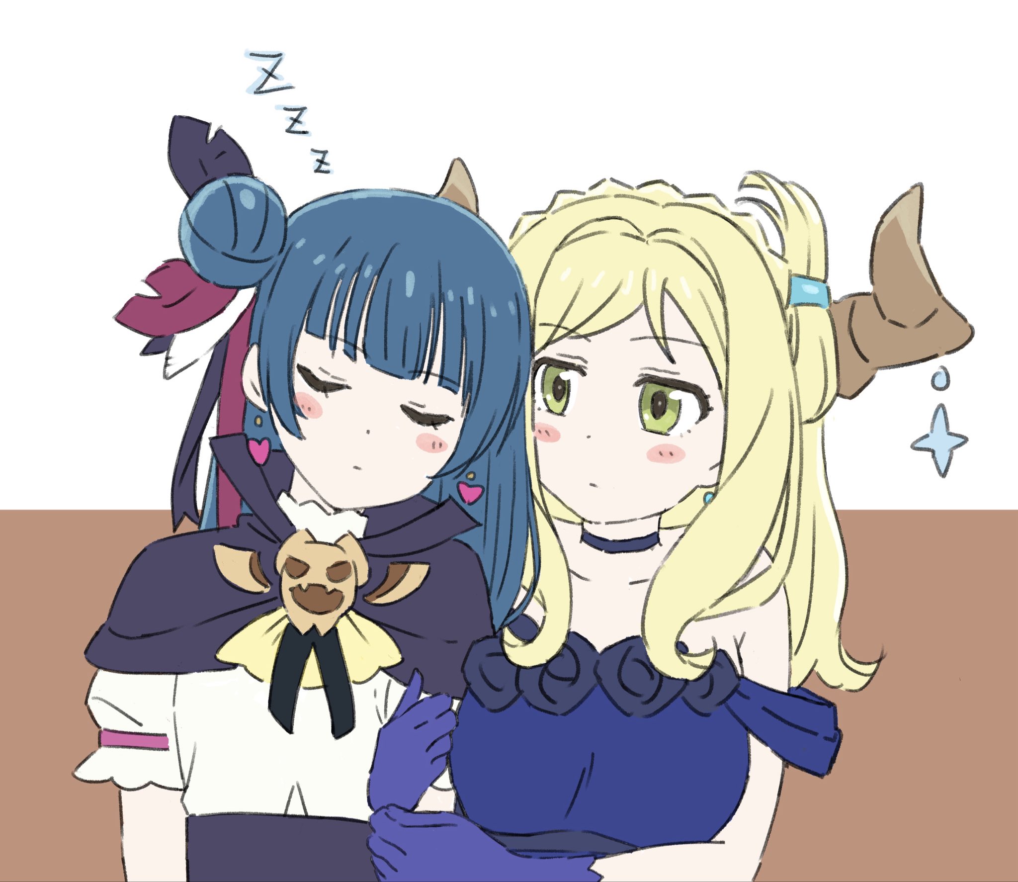 go6jovoahdc8h7k, mari (genjitsu no yohane), ohara mari, tsushima yoshiko, yohane (genjitsu no yohane), genjitsu no yohane, love live!, love live! sunshine!!, commentary, highres, symbol-only commentary, 2girls, arm hug, armpit crease, bare shoulders, black capelet, blonde hair, blouse, blue dress, blue hair, blunt bangs, braid, brown background, capelet, collarbone, crown braid, demon girl, demon horns, dress, earrings, expressionless, feather hair ornament, feathers, green eyes, hair bun, hair ornament, heart, heart earrings, horns, jewelry, leaning on person, leaning to the side, long hair, multiple girls, puffy short sleeves, puffy sleeves, shirt, short sleeves, simple background, single side bun, sleeping, sleeping upright, sleeveless, sleeveless dress, upper body, white shirt, zzz