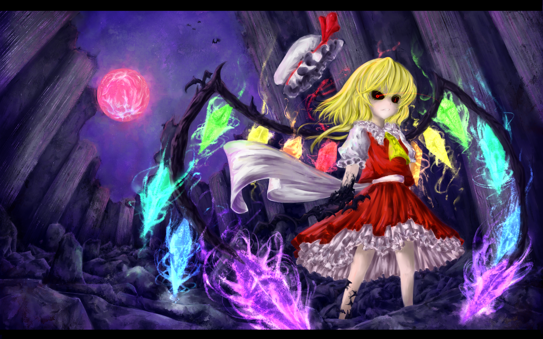 koohee, flandre scarlet, touhou, bad id, bad pixiv id, highres, 1girl, black sclera, blonde hair, colored sclera, female focus, hat, letterboxed, moon, outdoors, red eyes, red moon, short hair, sky, solo, standing, wings