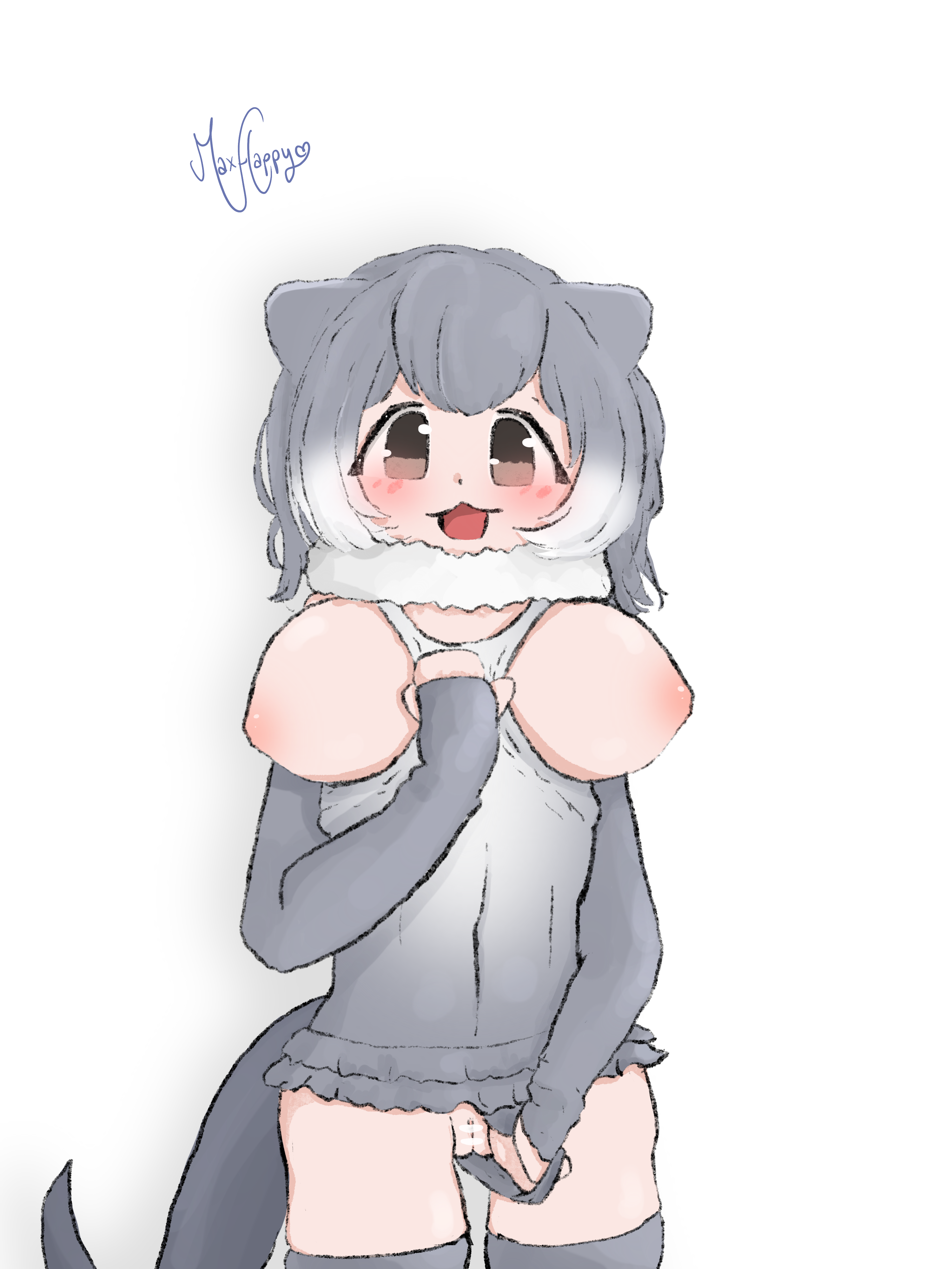 small-clawed otter (kemono friends), kemono friends, kemono friends 3, absurdres, highres, :d, animal ears, blush, breasts, breasts out, censored, clothes pull, fingerless gloves, fur collar, gloves, grey hair, grey one-piece swimsuit, maxhappy, multicolored hair, navel, one-piece swimsuit, open mouth, otter, otter ears, otter girl, otter tail, short hair, smile, swimsuit, tail, thighhighs, white hair