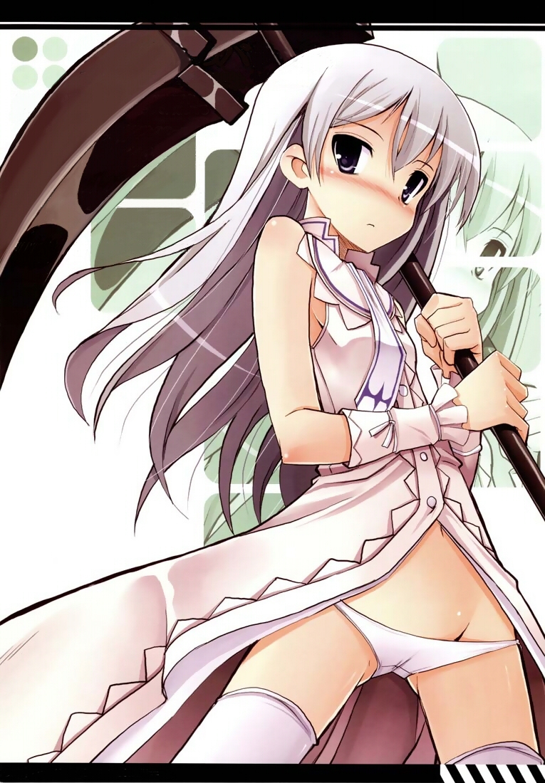 tsurugi hagane, momo (shinigami no ballad), shinigami no ballad, 00s, 1girl, blush, dress, female focus, long hair, lowleg, panties, scythe, solo, thighhighs, underwear, white hair