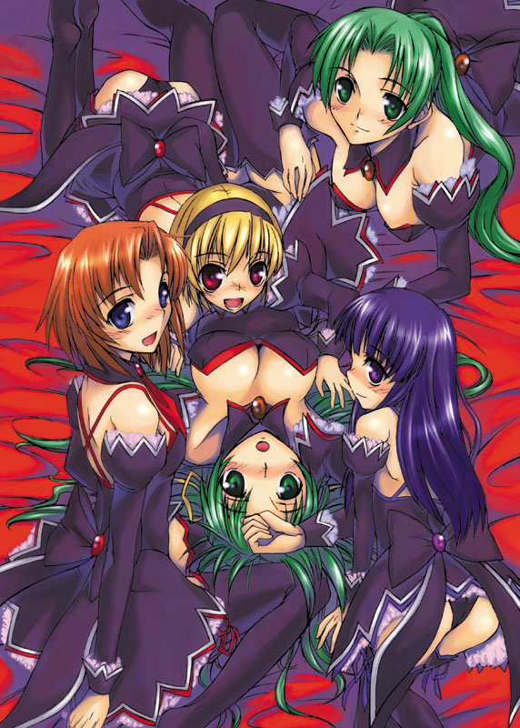 atsumuchi, hisakawa chin, furude rika, houjou satoko, ryuuguu rena, sonozaki mion, sonozaki shion, higurashi no naku koro ni, 00s, 5girls, angel mort, blonde hair, blush, breasts, cleavage, detached collar, green eyes, green hair, large breasts, long hair, multiple girls, purple eyes, purple hair, red eyes, siblings, sisters, thighhighs, twins