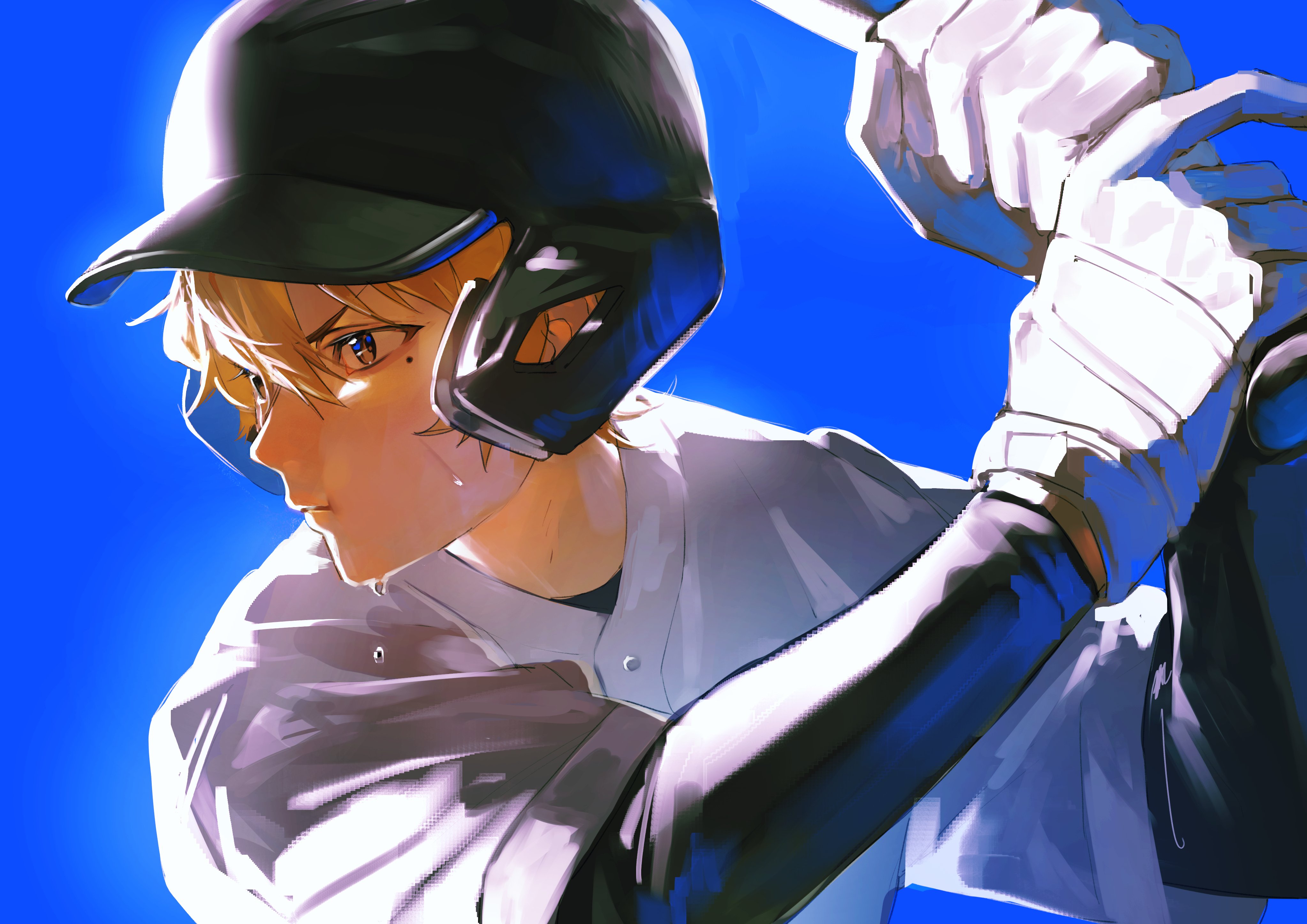 333takoyaki, kaname kei, boukyaku battery, absurdres, commentary request, highres, 1boy, baseball bat, baseball helmet, baseball uniform, blonde hair, blue background, brown eyes, closed mouth, from side, gloves, hair between eyes, helmet, holding, layered sleeves, male focus, mole, mole under eye, shirt, solo, sportswear, sweat, upper body, white gloves, white shirt