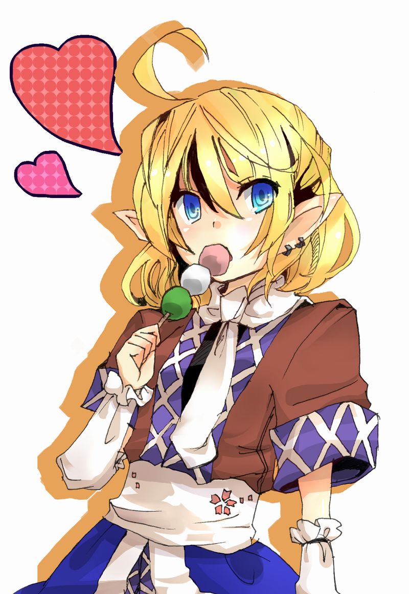 ayuki, mizuhashi parsee, touhou, bad id, bad pixiv id, 1girl, ahoge, arm warmers, blonde hair, blue eyes, dango, eating, female focus, food, half updo, heart, pointy ears, sanshoku dango, scarf, short hair, skewer, solo, wagashi, white background