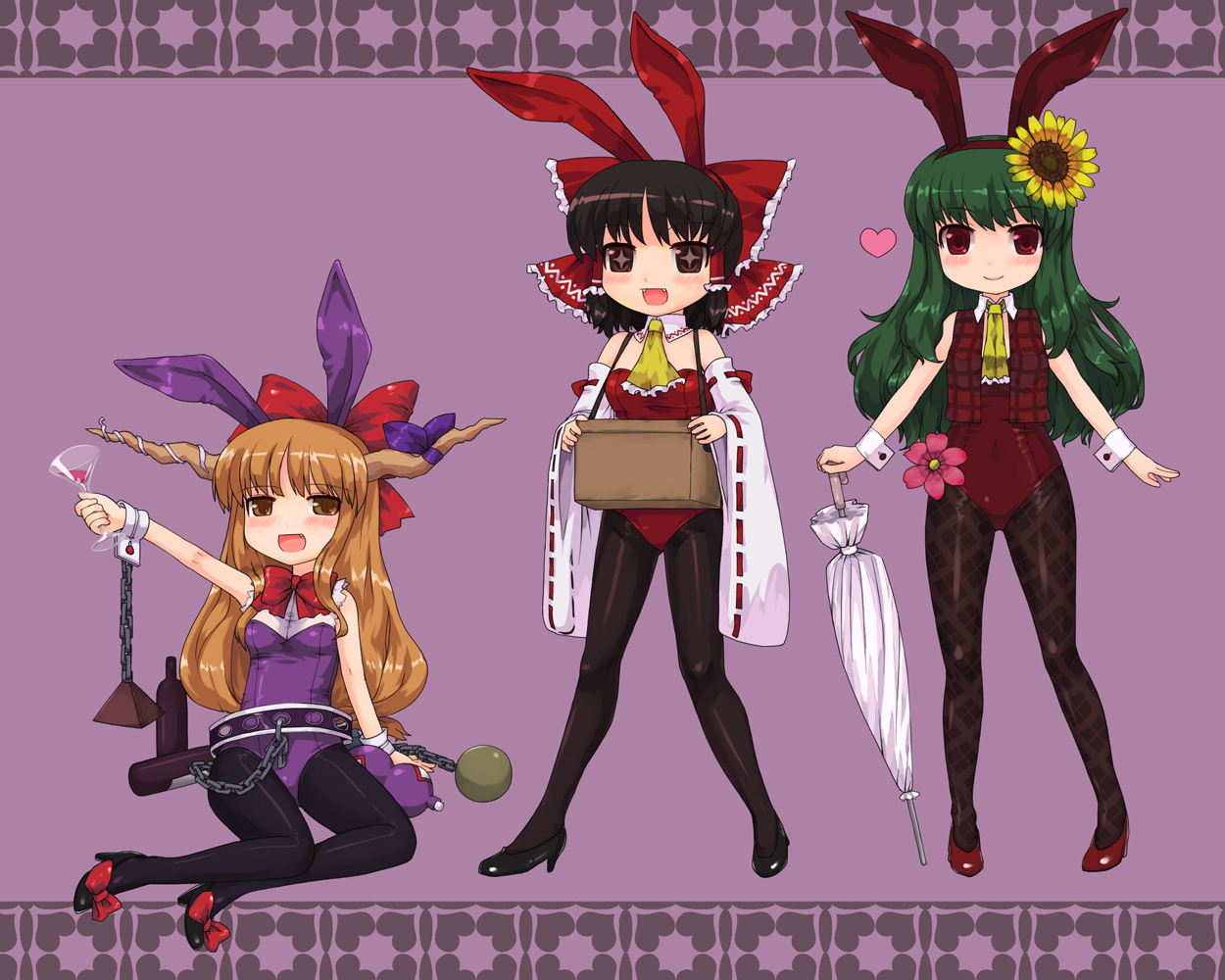 ktsecond, hakurei reimu, ibuki suika, kazami yuuka, touhou, bad id, bad pixiv id, + +, 3girls, alcohol, animal ears, ascot, black hair, blonde hair, box, brown eyes, chain, closed umbrella, cocktail glass, cup, detached sleeves, donation box, drinking glass, fang, fangs, female focus, flower, glass, green hair, high heels, horns, japanese clothes, long hair, miko, multiple girls, pantyhose, plaid clothes, plaid vest, playboy bunny, rabbit ears, red eyes, shoes, short hair, sunflower, umbrella, vest, wine, yellow eyes