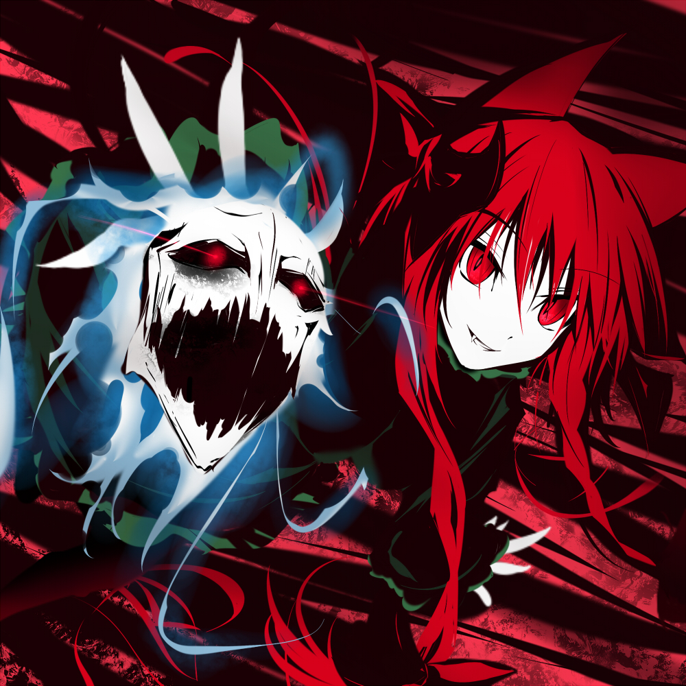 kanaria (fuusenkazura), kaenbyou rin, touhou, bad id, bad pixiv id, 1girl, animal ears, braid, cat ears, cat girl, fang, female focus, ghost, long hair, pale skin, red eyes, red hair, ribbon, skull, solo, twin braids