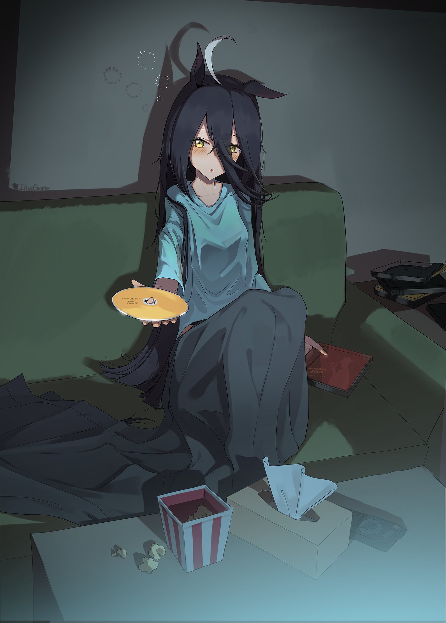 dev grater, manhattan cafe (umamusume), umamusume, umamusume: beginning of a new era, highres, 1girl, ahoge, animal ears, black hair, ear ornament, ear tag, earrings, hair between eyes, horse ears, horse girl, horse tail, jewelry, long bangs, long hair, long hair between eyes, long sleeves, looking at viewer, multicolored hair, shirt, single earring, skirt, solo, tail, very long hair, white hair, yellow eyes