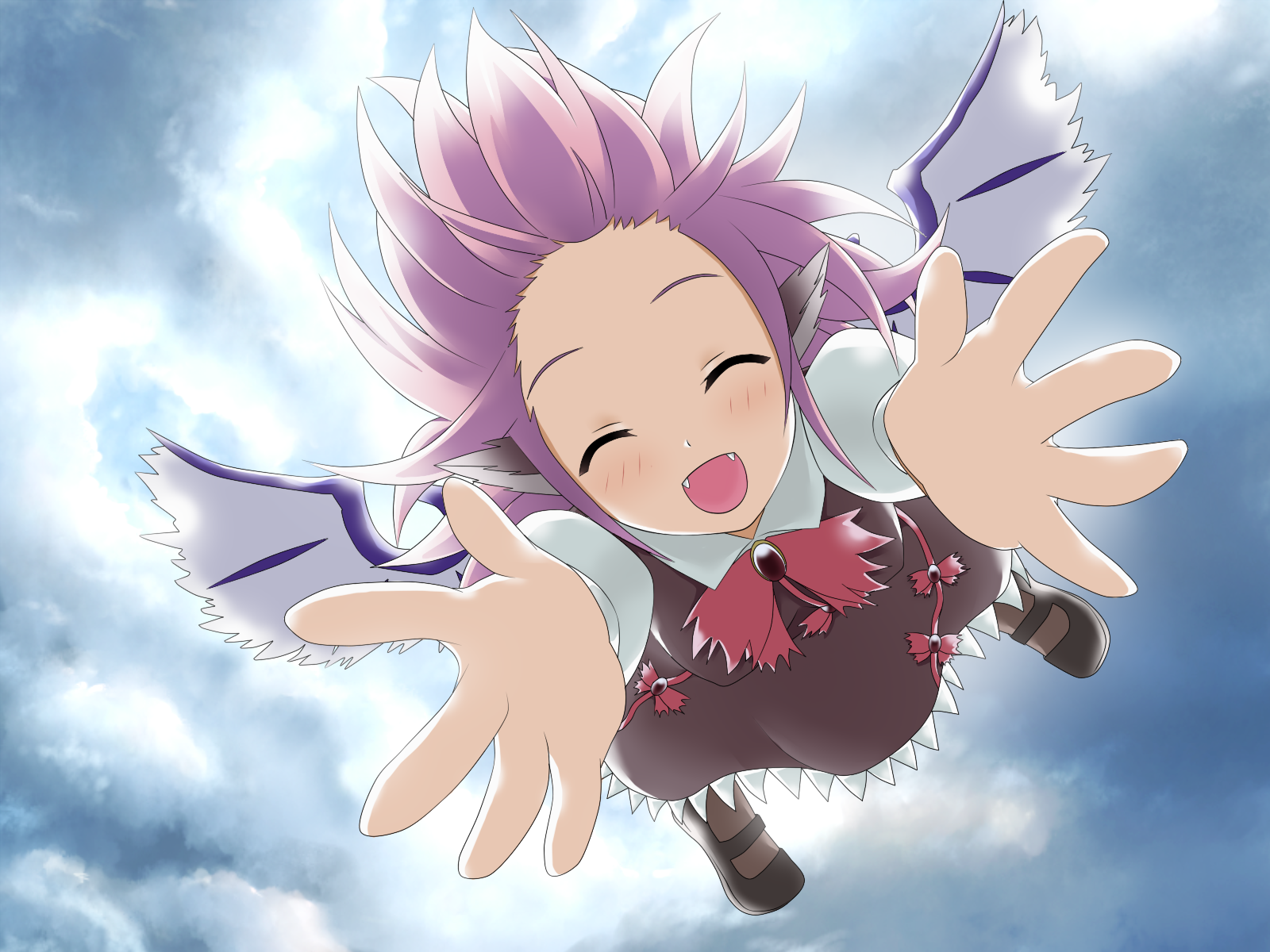 genkai madika, mystia lorelei, touhou, highres, 1girl, animal ears, closed eyes, cloud, falling, fang, fangs, female focus, forehead, foreshortening, incoming hug, mary janes, pink hair, shoes, sky, solo, wings