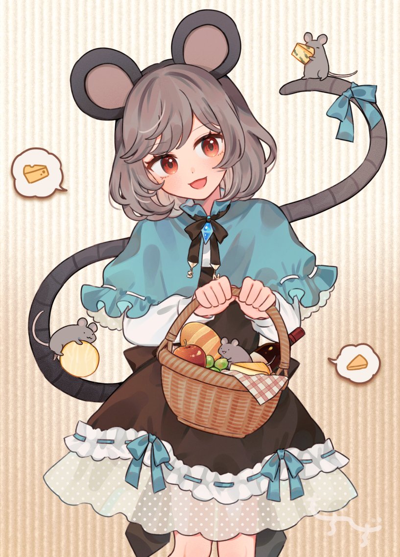 mozukuzu (manukedori), nazrin, touhou, 1girl, animal ears, apple, blush, bow, capelet, cheese, dowsing rod, dress, dress bow, food, fruit, grey hair, holding, image in thought bubble, jewelry, long sleeves, looking at viewer, mouse (animal), mouse ears, mouse girl, mouse tail, open mouth, red eyes, ribbon-trimmed dress, ribbon trim, short hair, solo, speech bubble, tail, tail bow, tail ornament, thought bubble