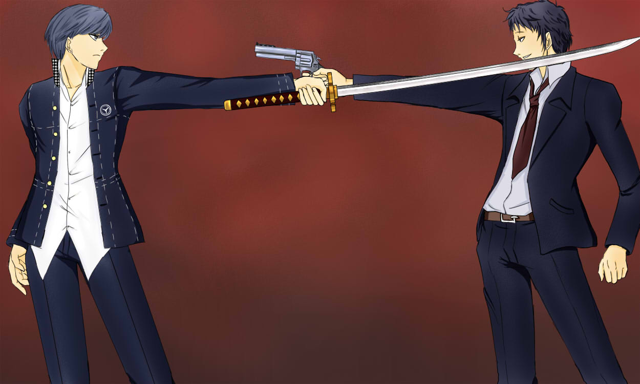 suta furachina, adachi tooru, narukami yu, atlus, persona, persona 4, silver hair, md5 mismatch, resolution mismatch, source smaller, spoilers, 2boys, gun, handgun, katana, male focus, mexican standoff, multiple boys, necktie, revolver, school uniform, sword, weapon