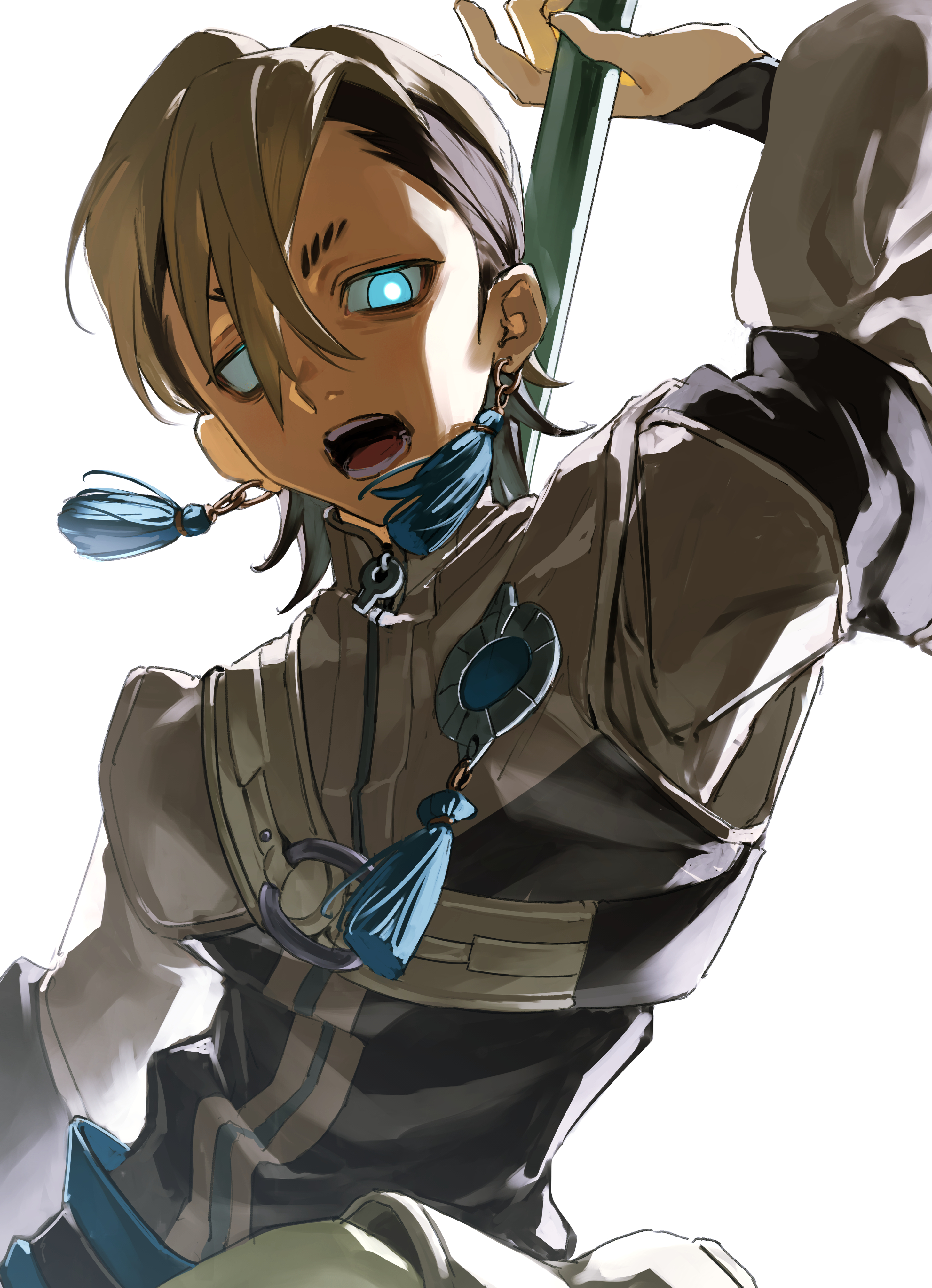 333takoyaki, zanka nijiku, gachiakuta, absurdres, commentary request, highres, 1boy, arm up, black hair, blue eyes, brown hair, earrings, hair between eyes, holding, holding weapon, jewelry, long sleeves, male focus, multicolored hair, open mouth, simple background, solo, tassel, tassel earrings, upper body, weapon, white background