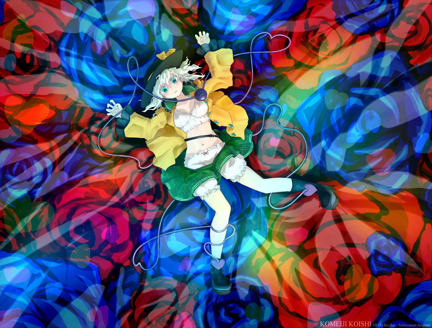 oso (toolate), komeiji koishi, touhou, 1girl, aqua eyes, bloomers, blue flower, blue rose, breasts, colored eyelashes, eyelashes, female focus, flower, from above, hat, looking at viewer, lying, navel, open clothes, open shirt, plant, rose, shirt, skirt, solo, underwear, white hair