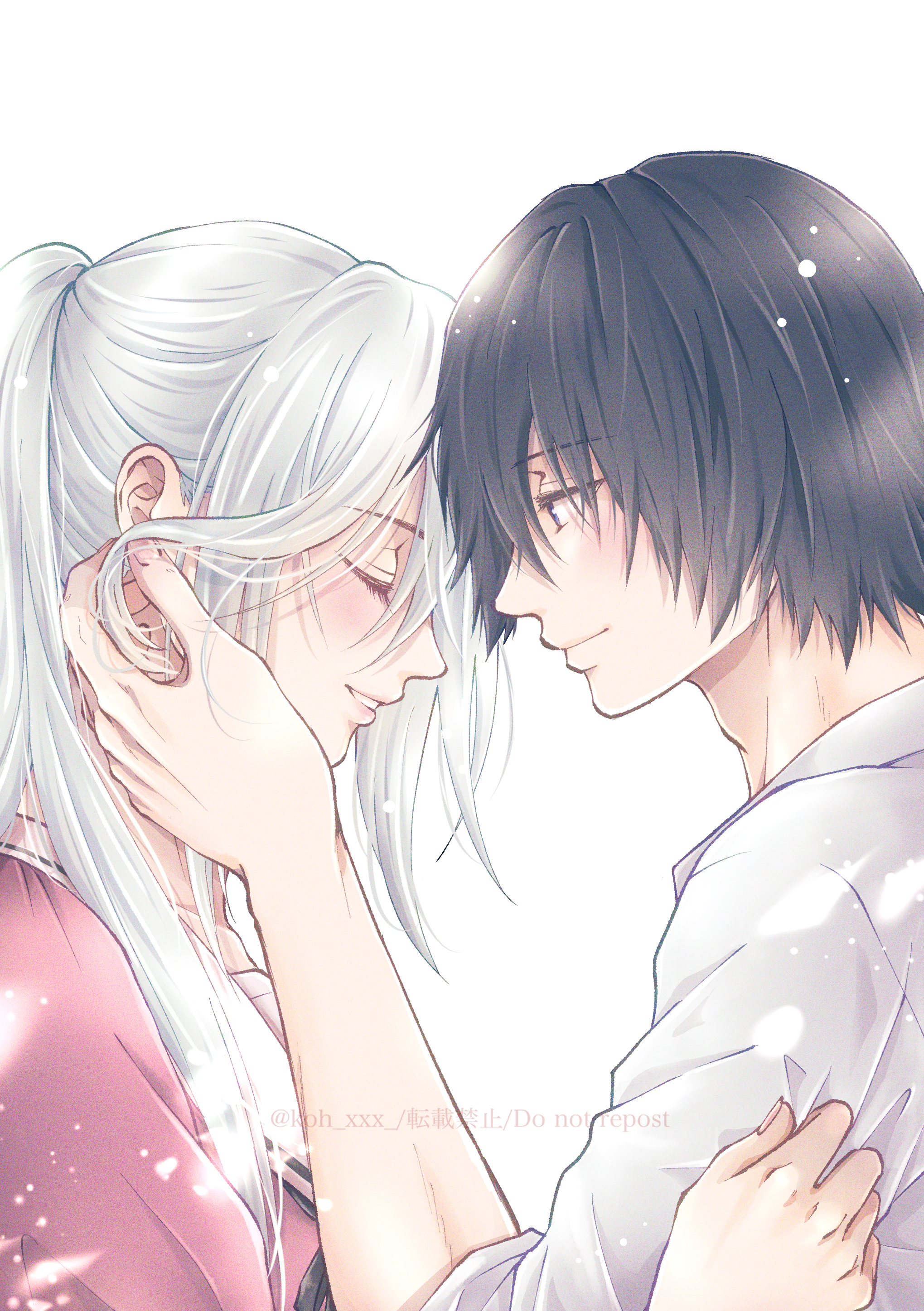 hoshina subaru, natsusawa saku, kaoru hana wa rin to saku, absurdres, highres, 1boy, 1girl, black hair, bloom, blush, closed eyes, closed mouth, couple, eyelashes, film grain, from side, hand in another's hair, hand up, heads together, hetero, kou (zupa7845), long bangs, long hair, looking at another, parted lips, pink shirt, ponytail, shirt, short hair, simple background, smile, three-quarter sleeves, upper body, watermark, white background, white hair, white shirt