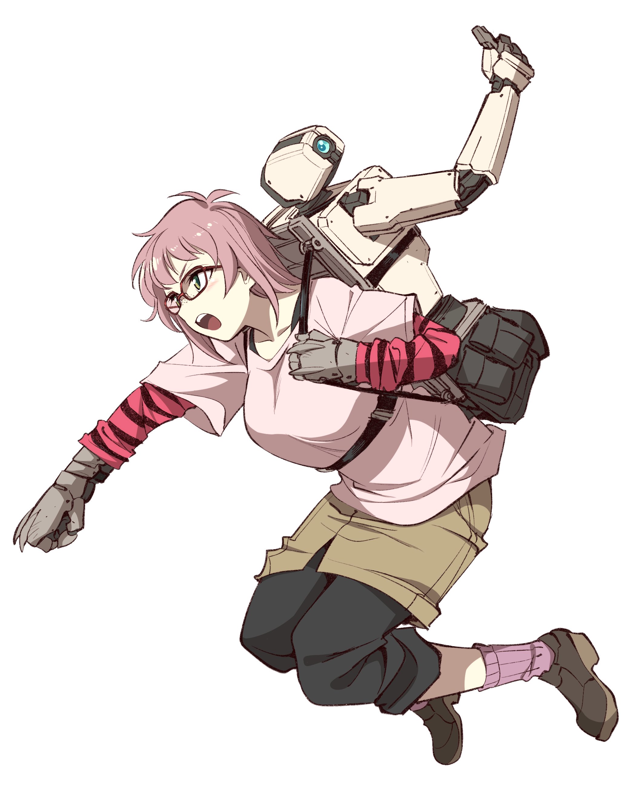 kato takuji, mechanical buddy universe, absurdres, highres, 1girl, 1other, arm guards, assistant (mechanical buddy universe), blush, breasts, freckles, glasses, green eyes, holding, humanoid robot, layered sleeves, long sleeves, mangabot (mechanical buddy universe), open mouth, pants, pink hair, robot, science fiction, shirt, shoes, short hair, short over long sleeves, short sleeves, shorts, t-shirt, weapon