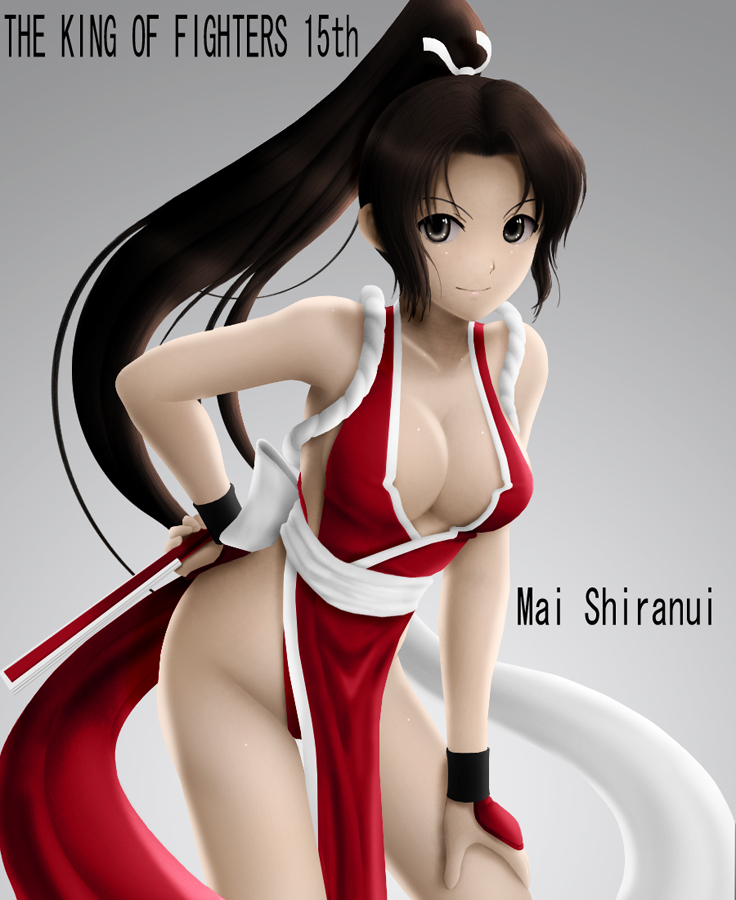 siraha, shiranui mai, fatal fury, snk, the king of fighters, bad id, bad pixiv id, 1girl, bare legs, breasts, brown hair, cleavage, female focus, large breasts, pelvic curtain, ponytail, revealing clothes, solo