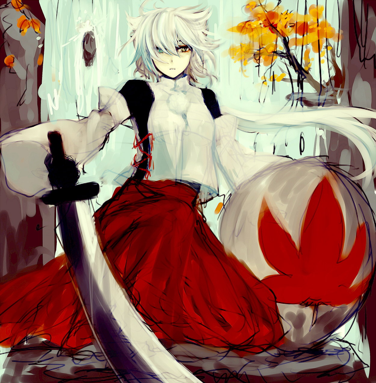 minase (mmakina), inubashiri momiji, touhou, silver hair, bad id, bad pixiv id, highres, 1girl, animal ears, female focus, heterochromia, outdoors, plant, see-through clothes, shield, short hair, solo, standing, sword, tree, water, weapon, wolf ears
