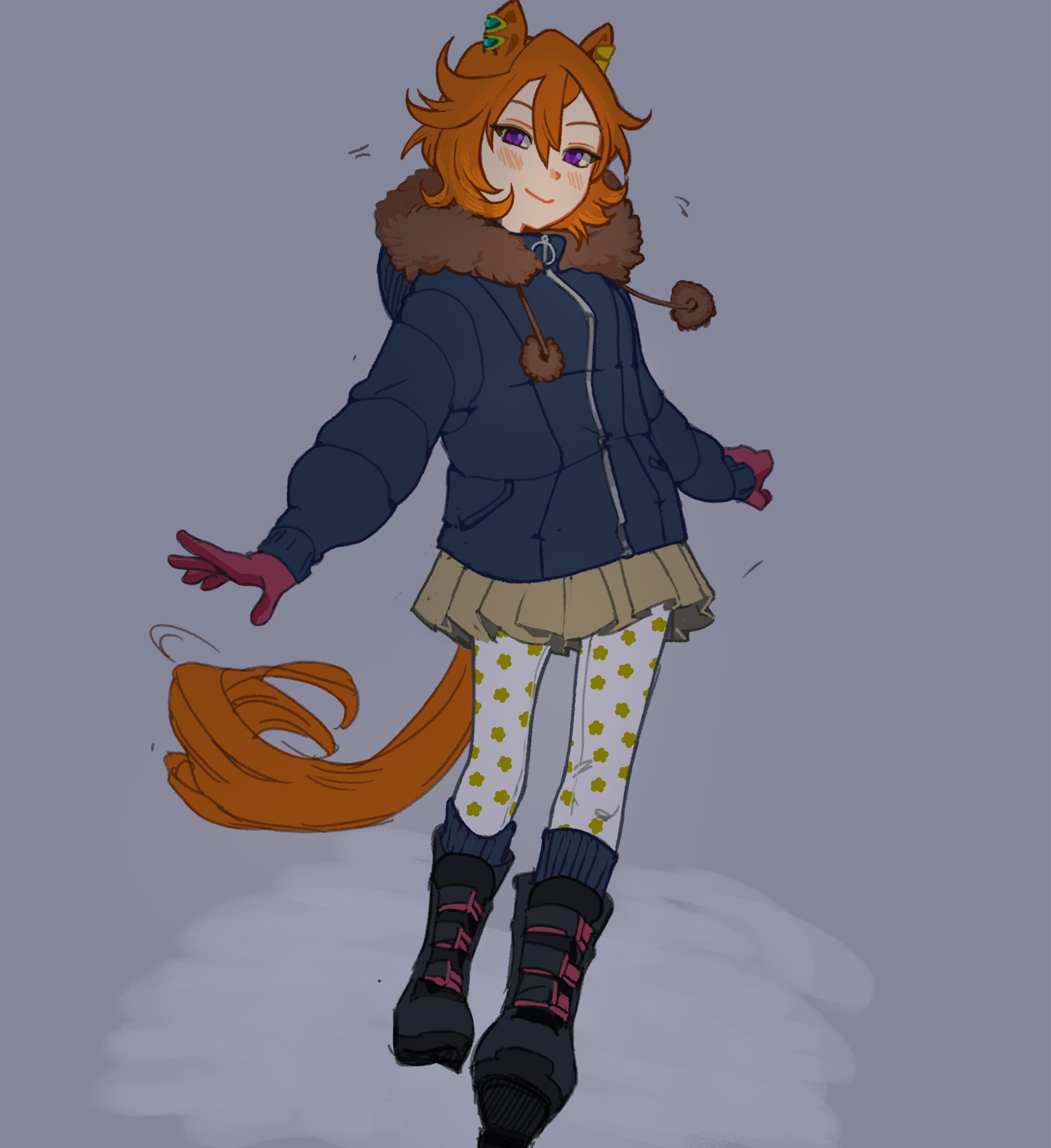 dungeonbgm, t.m. opera o (umamusume), umamusume, umamusume: beginning of a new era, umamusume: road to the top, absurdres, highres, 1girl, animal ears, breasts, brown hair, ear ornament, ear piercing, hair between eyes, horse ears, horse girl, horse tail, long sleeves, looking at viewer, orange hair, orange tail, piercing, purple eyes, shirt, short hair, skirt, smile, solo, tail