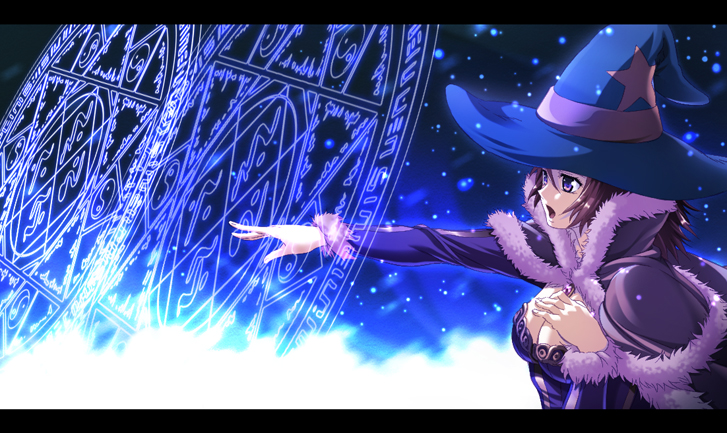 toujou akira, wizard (ragnarok online), ragnarok online, 1girl, breast suppress, breasts, brooch, brown hair, cape, cleavage, female focus, from side, fur trim, hat, hat ribbon, jewelry, large breasts, letterboxed, long sleeves, magic circle, open mouth, outstretched arm, purple eyes, ribbon, solo, star (symbol), star print, upper body, witch hat, wizard