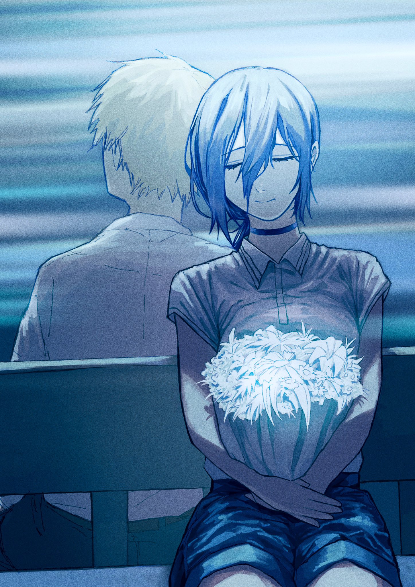 denji (chainsaw man), reze (chainsaw man), chainsaw man, commentary request, highres, 1boy, 1girl, bench, black choker, black shorts, blonde hair, bouquet, choker, closed eyes, closed mouth, collared shirt, flower, hair between eyes, holding, holding bouquet, long hair between eyes, maaka 4441, on bench, polo shirt, shirt, short hair, shorts, sitting, white shirt