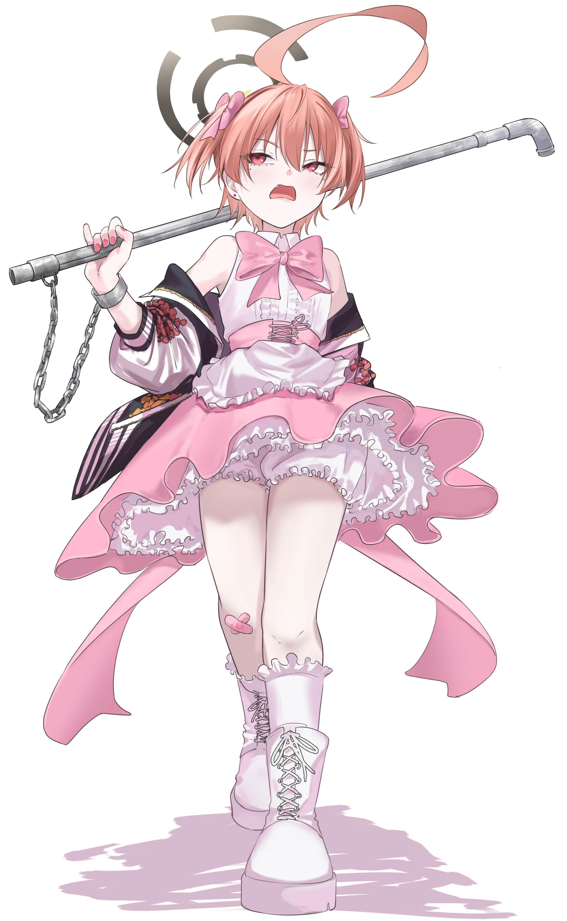 hoffun, neru (blue archive), blue archive, absurdres, commentary, highres, 1girl, ahoge, alternate costume, alternate hairstyle, apron, bandaid, bandaid on knee, bandaid on leg, bloomers, boots, bow, bowtie, braid, center frills, frilled apron, frills, hair bow, halo, holding, holding lead pipe, jacket, layered skirt, lead pipe, long sleeves, magical girl, mole, mole under each eye, mole under eye, multiple moles, open clothes, open jacket, open mouth, orange hair, pink bow, pink bowtie, pink skirt, print jacket, red eyes, shirt, short hair, short twintails, simple background, single braid, skirt, sleeveless, sleeveless shirt, solo, sukajan, twintails, underwear, waist apron, walking, white apron, white background, white bloomers, white boots