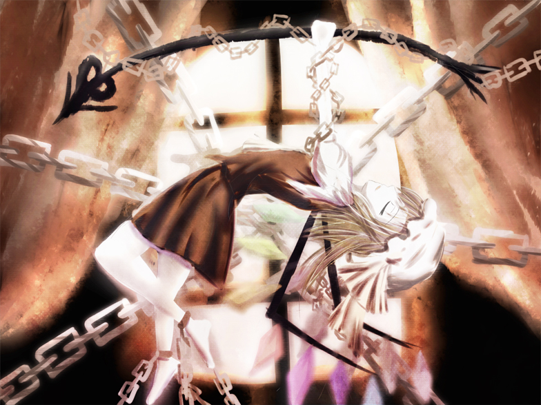 non (nobu), flandre scarlet, touhou, 1girl, blonde hair, chain, closed eyes, female focus, full body, hat, laevatein, solo, wings