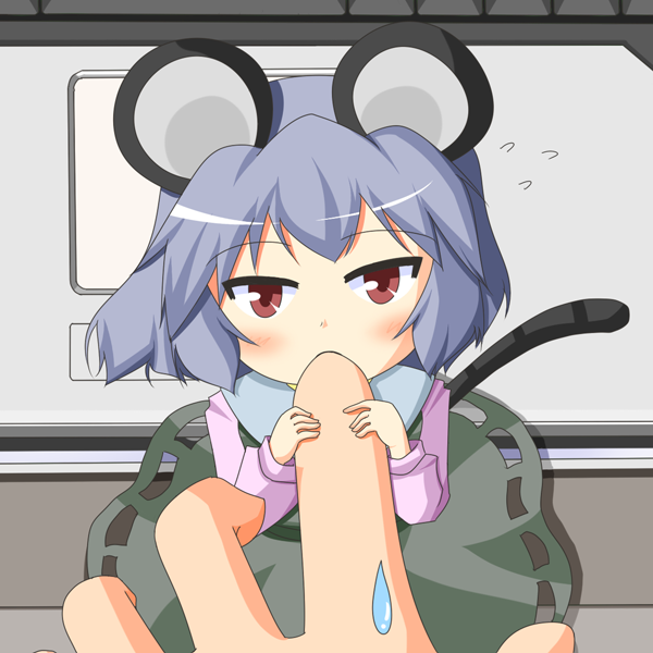 urushi, nazrin, touhou, biting finger, 1girl, 1other, animal ears, biting, chibi, female focus, grey hair, mini person, minigirl, mouse ears, mouse tail, red eyes, short hair, solo, sweatdrop, tail