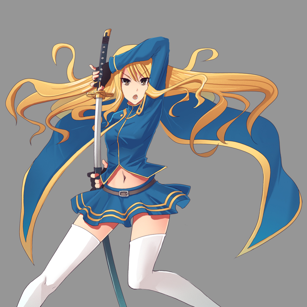 ochakai shin'ya, goenitz, snk, the king of fighters, bad id, bad pixiv id, gender request, 1girl, blonde hair, female focus, genderswap, midriff, sheath, skirt, solo, sword, thighhighs, unsheathing, weapon, white thighhighs