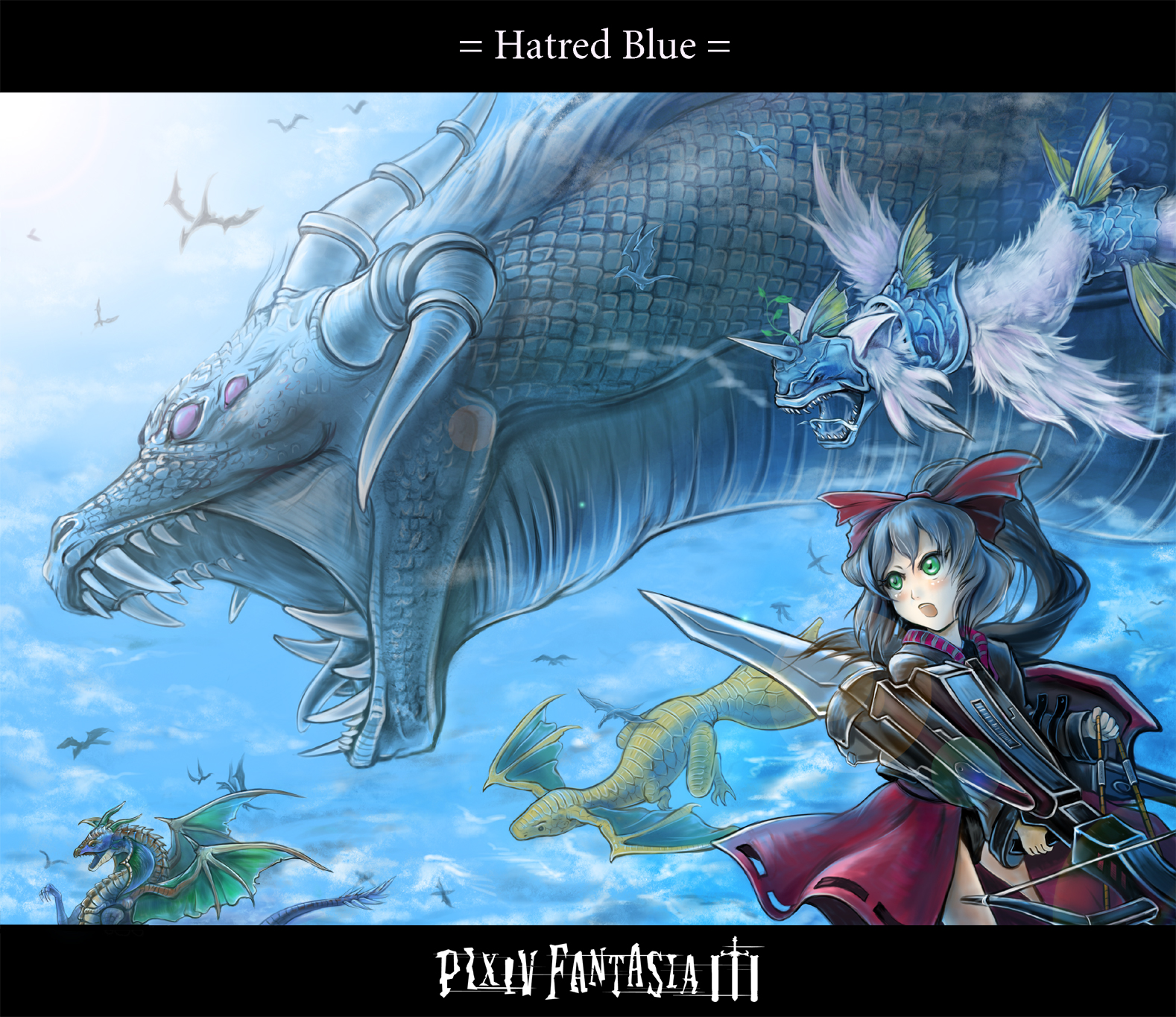 sai-go, pixiv fantasia, pixiv fantasia 3, highres, black hair, bow (weapon), crossbow, dragon, flying, gigandal federation, green eyes, letterboxed, long hair, solo, weapon