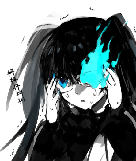 starshadowmagician, black rock shooter (character), black rock shooter, 10s, 1girl, adjusting eyewear, black hair, blue eyes, blue theme, female focus, glasses, long hair, monochrome, pale skin, scar, solo, spot color, sweat, twintails