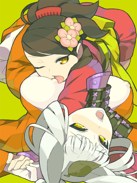 itsumo nokoru, inari, kongiku, momohime, oboro muramasa, vanillaware, 2girls, animal ears, armor, blush, breast sucking, breasts, breasts out, brown eyes, brown hair, comb, flower, hair flower, hair ornament, japanese clothes, kimono, large breasts, leaf, leaf on head, licking, licking breast, lying, multiple girls, nipples, object on head, on back, one eye closed, open mouth, simple background, white hair, wink, yellow eyes, yuri