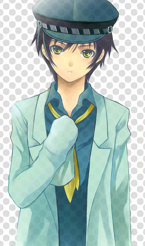 seiru (prairie), shirogane naoto, atlus, persona, persona 4, 1girl, blue eyes, blue hair, female focus, hat, lab coat, long sleeves, matching hair/eyes, necktie, newsboy cap, reverse trap, sleeves past wrists, solo