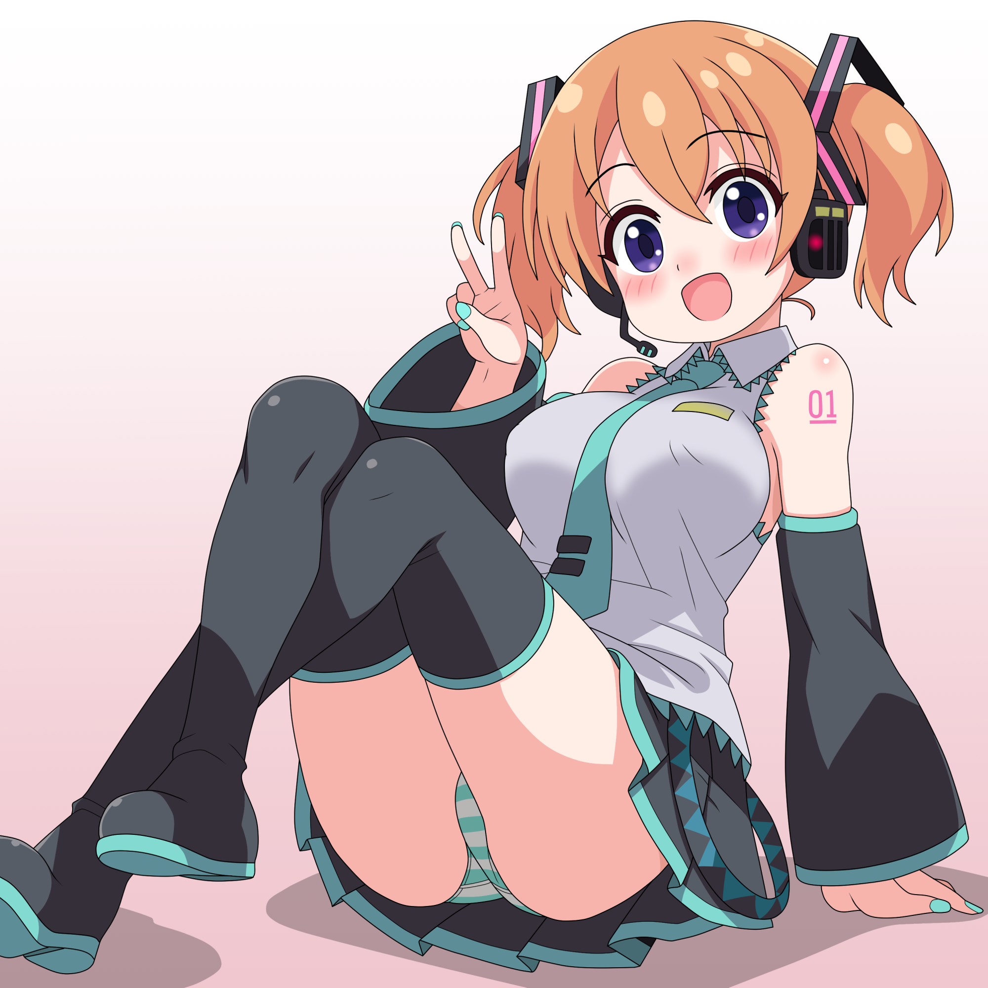 sakuzo, hatsune miku, hoto cocoa, gochuumon wa usagi desu ka?, commentary request, highres, 1girl, aqua nails, arm support, arm tattoo, bare shoulders, black shoes, black skirt, black thighhighs, blue eyes, blush, breasts, brown hair, collared shirt, cosplay, crossed legs, crotch seam, detached sleeves, fingernails, full body, gradient background, grey shirt, hair between eyes, hand up, hatsune miku (cosplay), headset, large breasts, long bangs, long sleeves, looking at viewer, miniskirt, nail polish, nose blush, number tattoo, open mouth, panties, pleated skirt, raised eyebrows, reclining, shirt, shoes, short hair, short twintails, skirt, sleeveless, sleeveless shirt, solo, striped clothes, striped panties, tareme, tattoo, thighhighs, twintails, underwear, wide sleeves, wing collar, zettai ryouiki