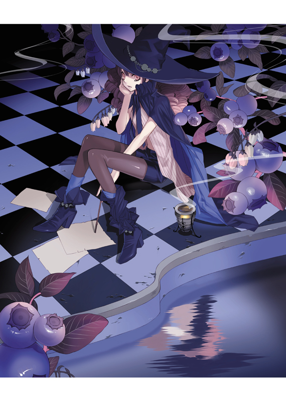lololo, original, bad id, bad pixiv id, 1girl, bellflower, blueberry, boots, brown eyes, brown hair, cape, checkered floor, drill hair, female focus, flower, food, fruit, hat, head rest, long hair, paper, perspective, shorts, sitting, solo, water, witch, witch hat