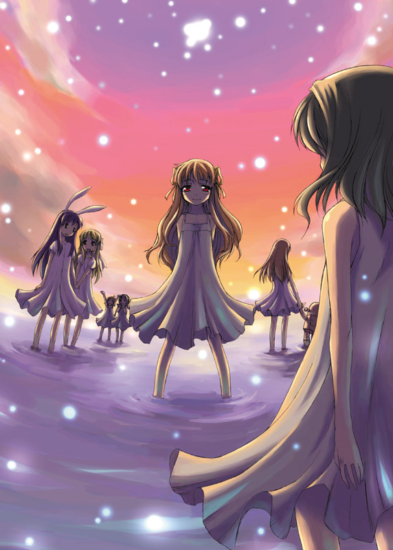 atsumuchi, hisakawa chin, garbage doll, girl (air), girl from the illusionary world, kawasumi mai, kurata sayuri, orihara misao, air (visual novel), clannad, kanon, one – kagayaku kisetsu e, 00s, 6+girls, animal ears, blush, brown hair, crossover, long hair, multiple girls, rabbit ears, red eyes, sky, wading, water