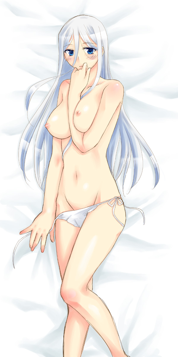 akasuga moyashi, moyasan, kisara (yu-gi-oh!), yu-gi-oh!, yu-gi-oh! duel monsters, silver hair, highres, 1girl, between breasts, blue eyes, blush, breasts, dakimakura (medium), female focus, groin, large breasts, long hair, lying, nipples, on back, panties, side-tie panties, solo, topless female, underwear, underwear only