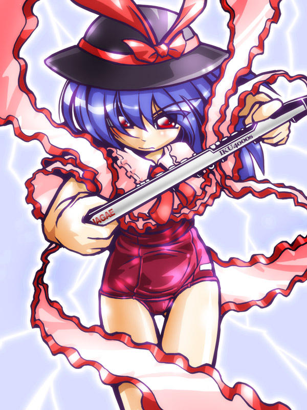 winn, nagae iku, touhou, 1girl, blue hair, electric wind instrument, female focus, hat, instrument, one-piece swimsuit, red eyes, red one-piece swimsuit, ribbon, school swimsuit, solo, swimsuit