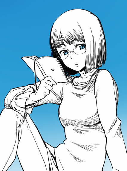 minato fumi, blue background, blue eyes, blue theme, book, glasses, gradient background, monochrome, open book, reading, short hair, solo, spot color
