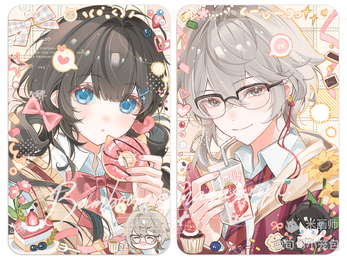 original, 1boy, 1girl, :o, black hair, blue eyes, blunt bangs, border, bow, bowtie, closed mouth, collared shirt, donut, double-parted bangs, food, glasses, grey eyes, grey hair, hair between eyes, hair bow, holding, holding donut, holding food, holding juice box, jacket, long hair, looking at viewer, mihuashi username, necktie, open mouth, over-rim eyewear, portrait, red bow, red bowtie, red jacket, red necktie, semi-rimless eyewear, shirt, short hair, smile, striped necktie, watermark, white border, white shirt, xun xun xiaolongbao